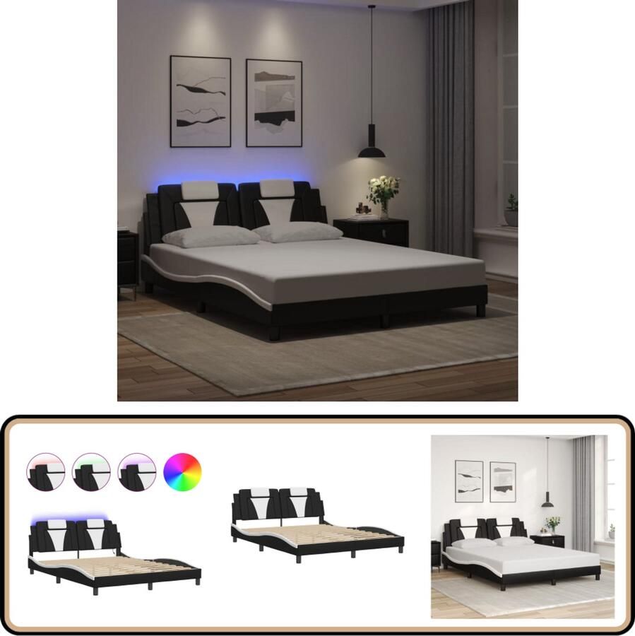 VidaXL Bedframe met LED-verlichting kunstleer zwart en wit 160x200 cm