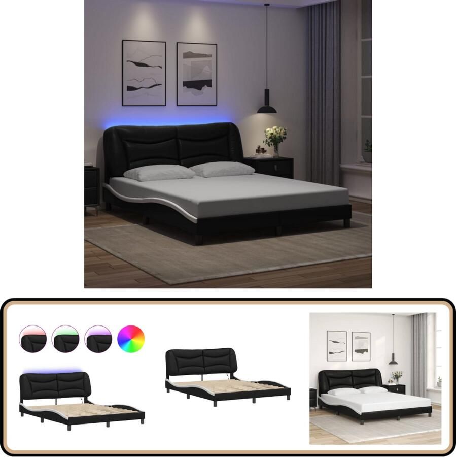 VidaXL Bedframe met LED-verlichting kunstleer zwart en wit 160x200 cm
