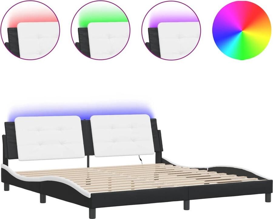 VidaXL Bedframe met LED zonder matras Zadar kunstleer zwart en wit 200x200 cm - Foto 4