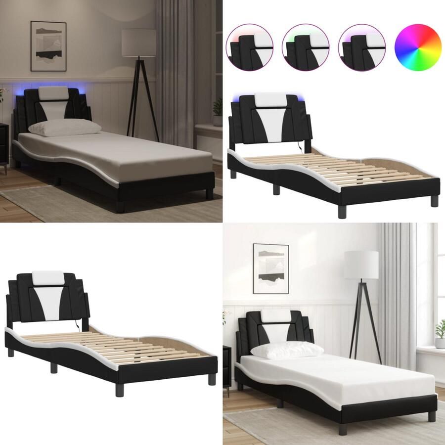 VidaXL Bedframe met LED-verlichting kunstleer zwart en wit 90x190 cm Bedframe Bedframes Bed Bedbodem