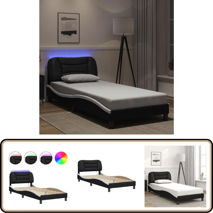 VidaXL Bedframe met LED-verlichting kunstleer zwart en wit 90x190 cm