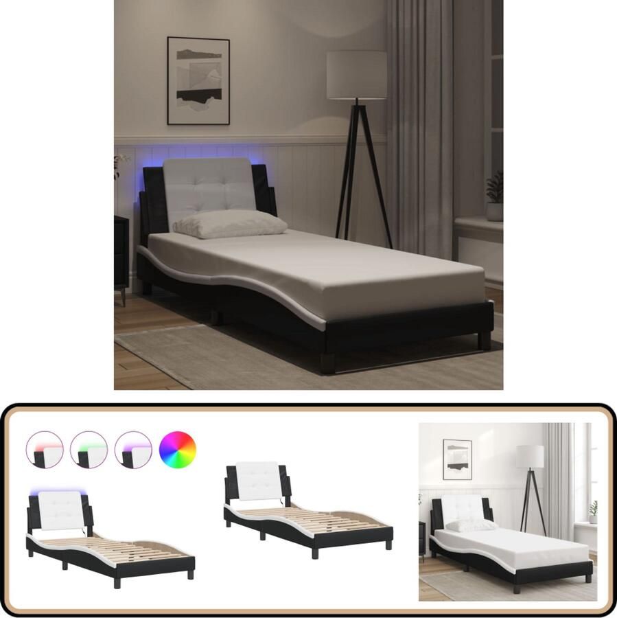 VidaXL Bedframe met LED-verlichting kunstleer zwart en wit 90x200 cm