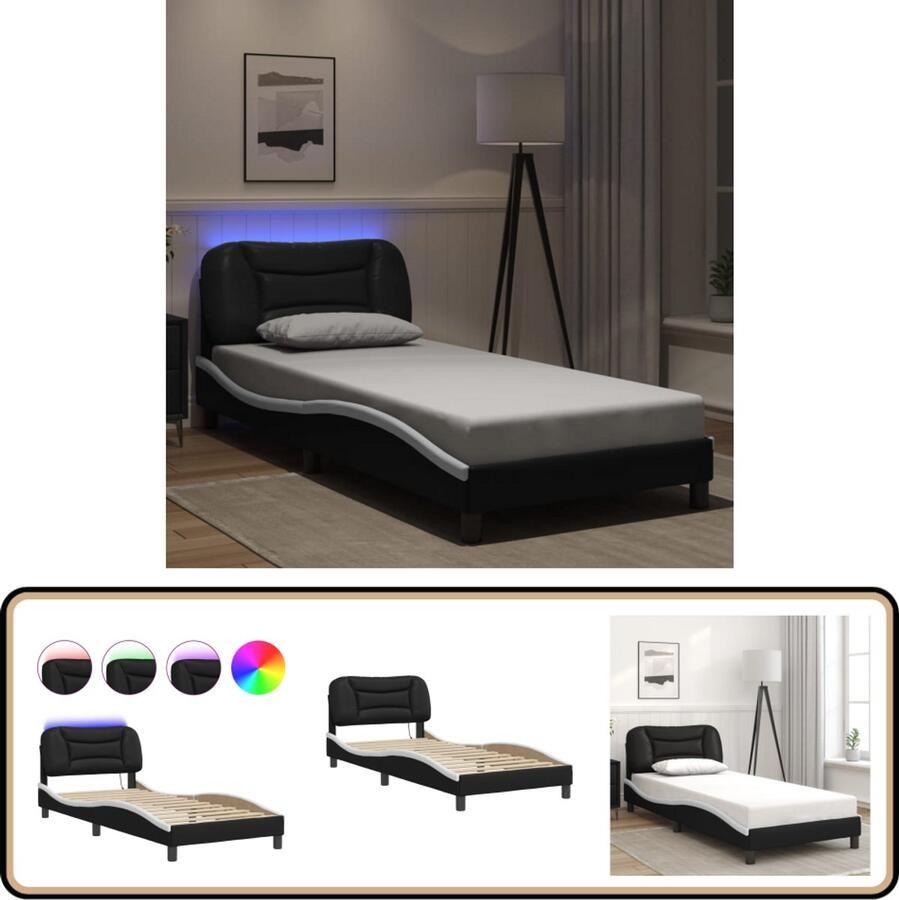 VidaXL Bedframe met LED-verlichting kunstleer zwart en wit 90x200 cm