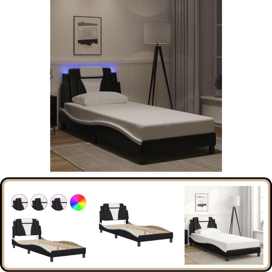 VidaXL Bedframe met LED-verlichting kunstleer zwart en wit 90x200 cm