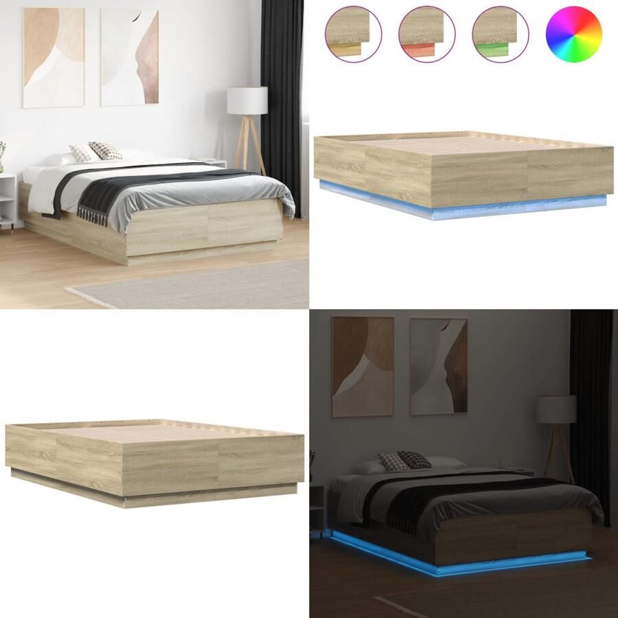 VidaXL Bedframe met LED-verlichting sonoma eikenkleurig 140x200 cm Bedframe Bedframes Bed Bedbodem