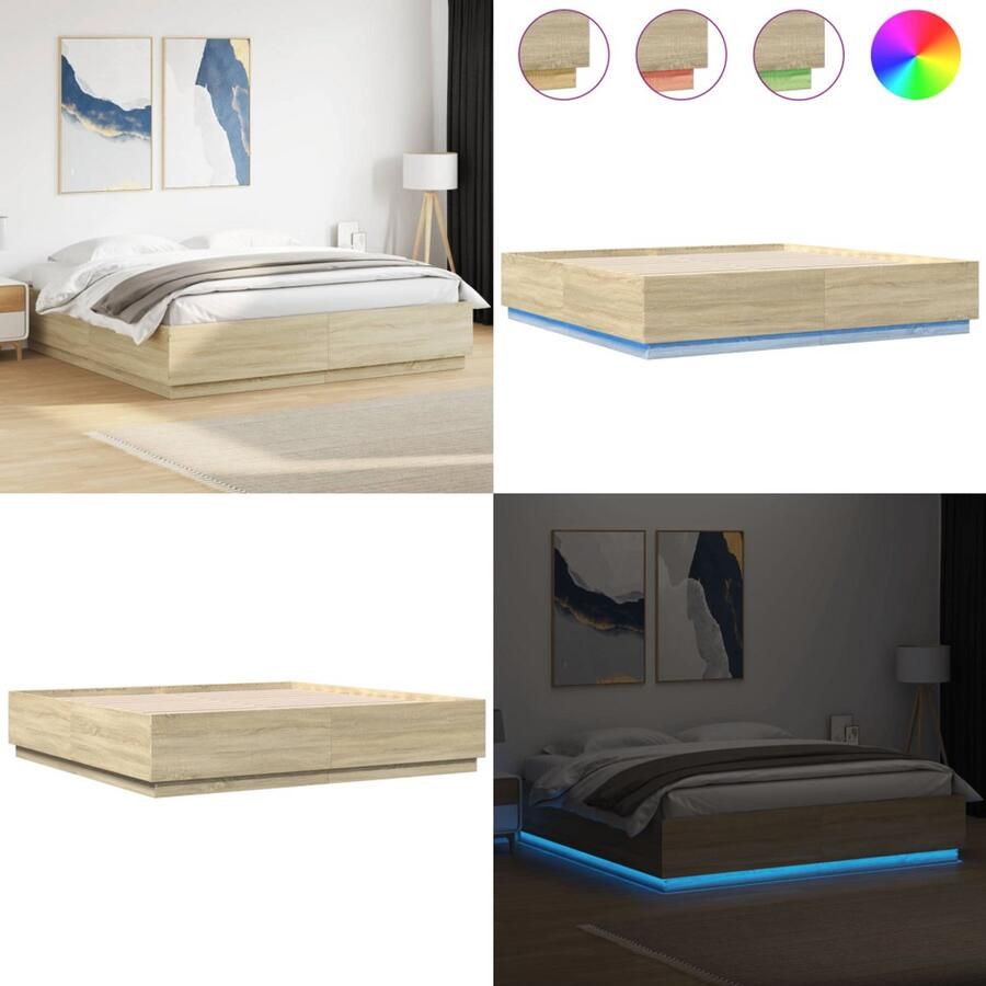 VidaXL Bedframe met LED-verlichting sonoma eikenkleurig 180x200 cm Bedframe Bedframes Bed Bedbodem