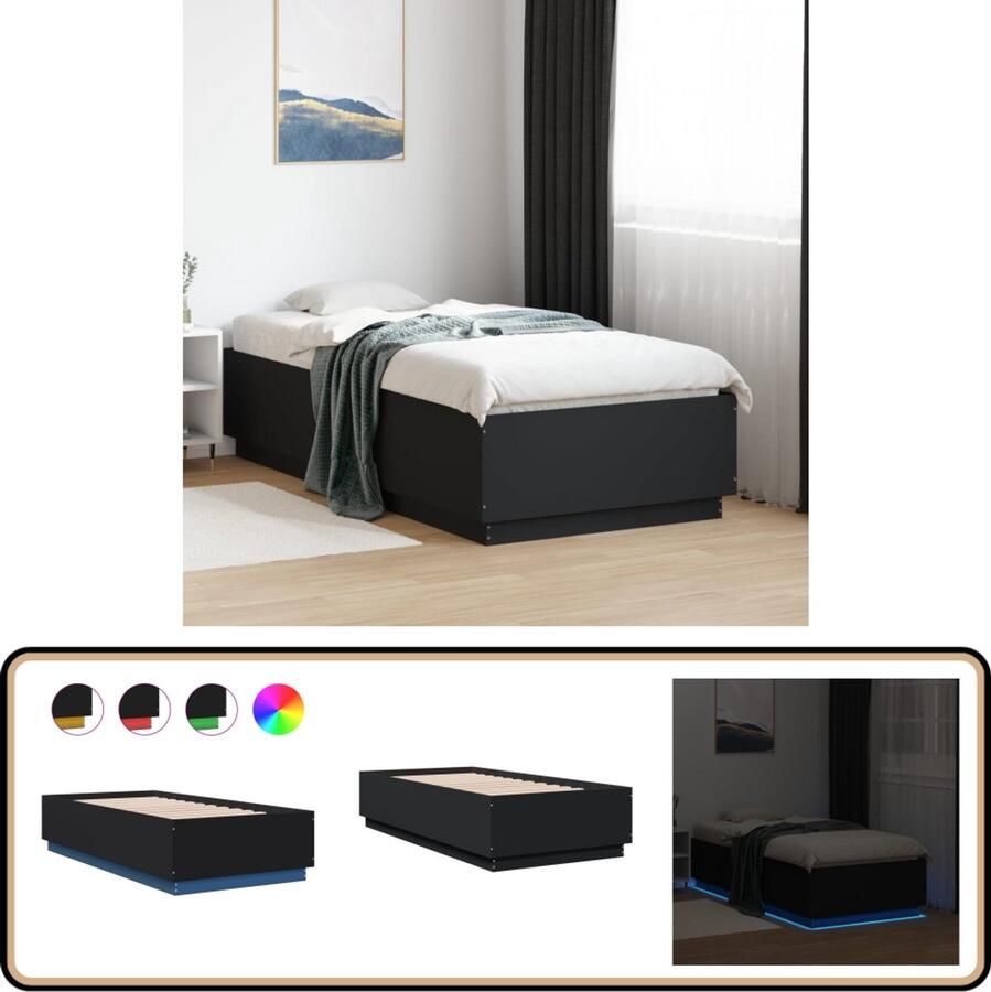 VidaXL Bedframe met LED-verlichting Zwart 90x190cm Slaapcomfort Led Lampen Houten Bed Frame Tweepersoons Bed Zwarte Bed Minimalistisch Bed Modern Bed