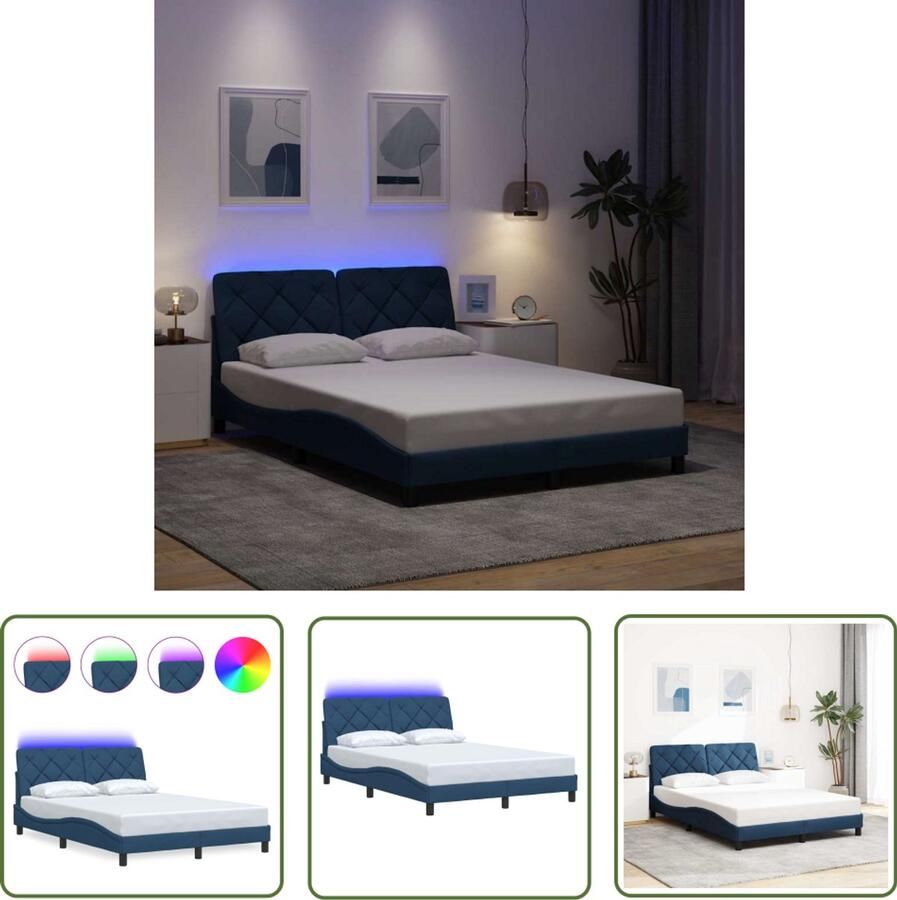 VidaXL Bedframe met LED zonder matras 140x200 cm stof blauw Bed Frame Led Bed Boxspring Slaapcomfort Tweepersoonsbed