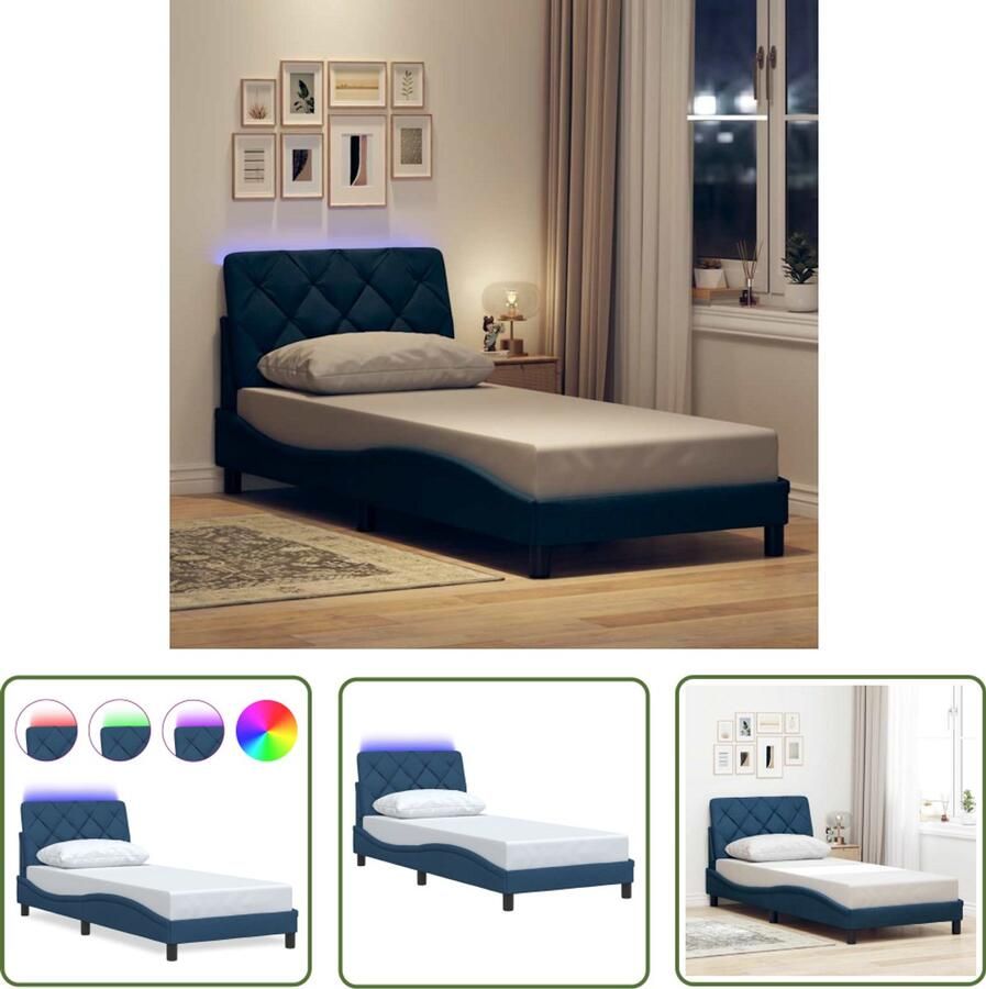 VidaXL Bedframe met LED zonder matras 80x200 cm stof blauw Slaapcomfort Led Verlichting Bed Frame Tweepersoons Bed Hoofdboard Kussens