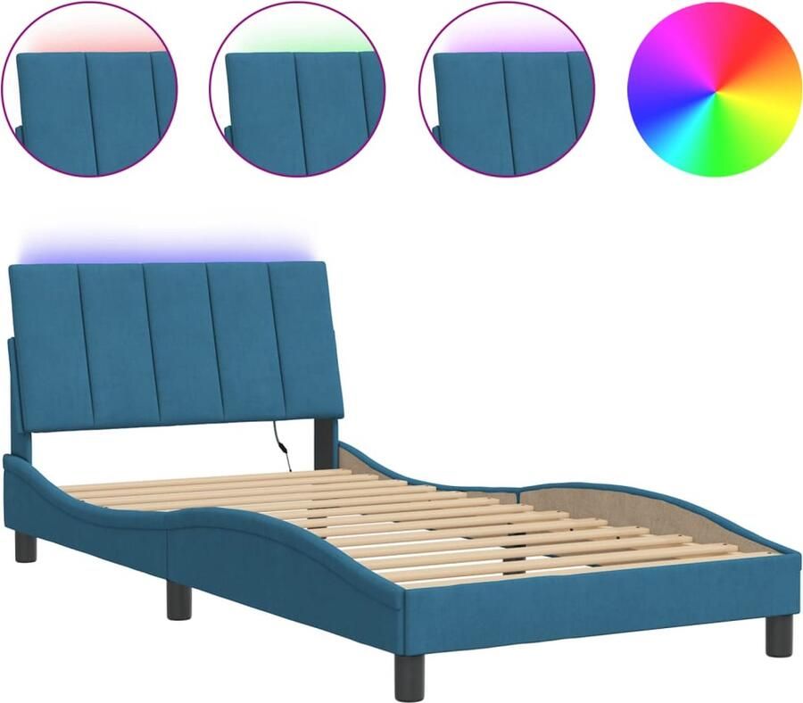 VidaXL Bedframe met LED-verlichting fluweel blauw 100x200 cm - Foto 2