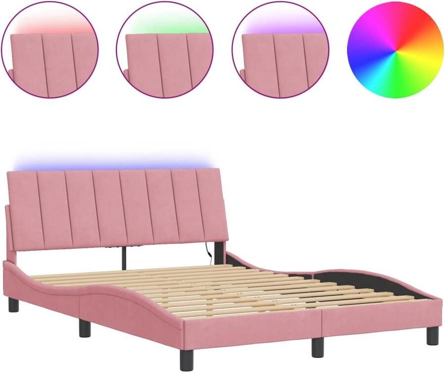 VidaXL Bedframe met LED zonder matras Hanko fluweel roze 140x200 cm