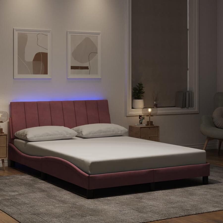 VidaXL Bedframe met LED zonder matras Hanko fluweel roze 140x190 cm - Foto 2