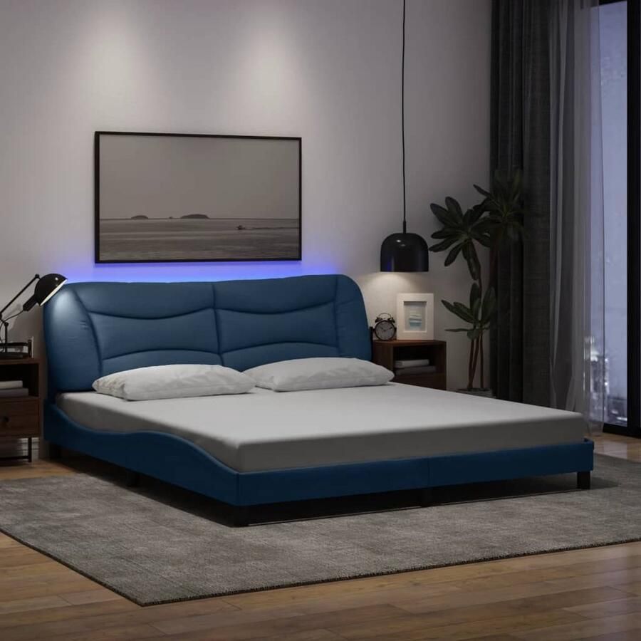 VidaXL Bedframe met LED zonder matras Hvar 180x200 cm stof blauw - Foto 2