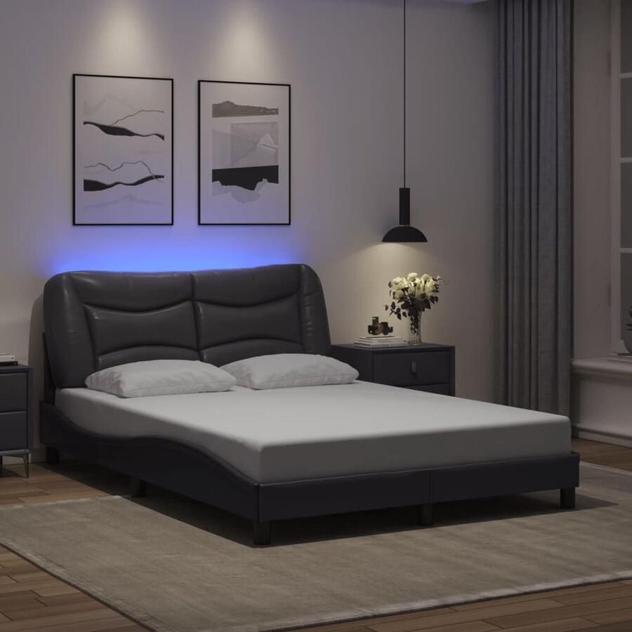 VidaXL Bedframe met LED zonder matras Hvar kunstleer grijs 120x200 cm - Foto 2