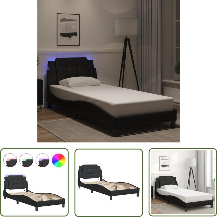 VidaXL Bedframe met LED zonder matras Zadar kunstleer zwart 90x200 cm Bed Frame Led Lamp Kunstleder Bed Zwarte Bed Tweepersoons Bed