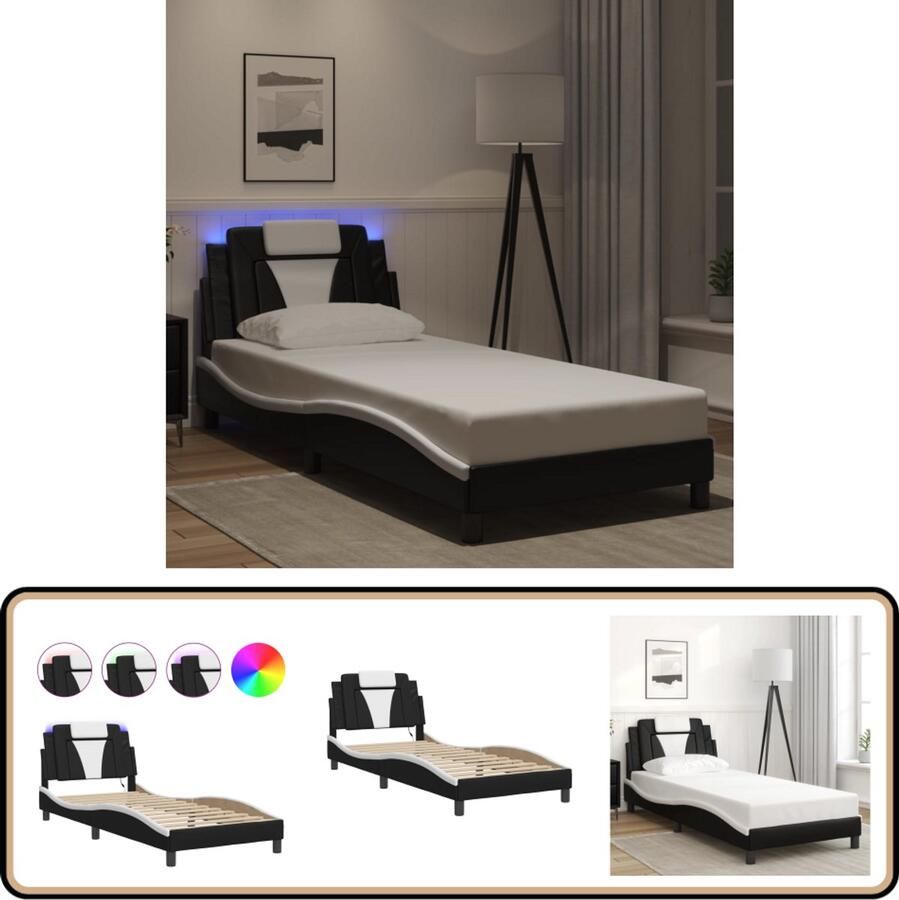 VidaXL Bedframe met LED zwart en wit 90x190 cm Bed Frame Boxspring Led Lamp Hoofdkussen Kunstleder