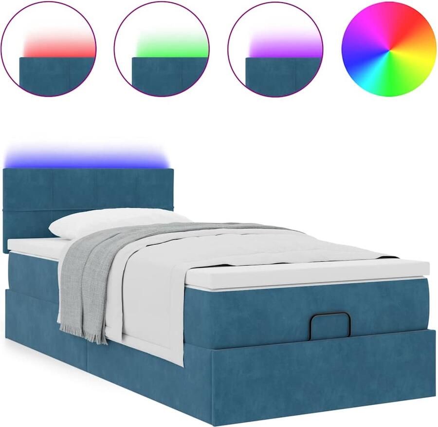 VidaXL Ottoman bed met matras en LED's 80x200cm fluweel donkerblauw - Foto 2