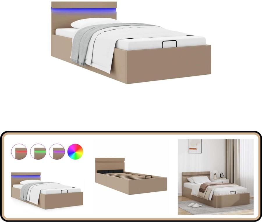 VidaXL Bedframe met opbergruimte en LED 100x200 cm Kunstleder Bed Hydraulisch Bed Opbergbed Led Verlichting Bed Cappucino Bed