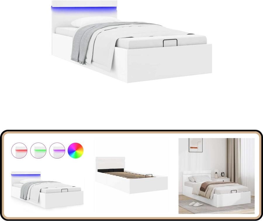 VidaXL Bedframe met opbergruimte en LED 90x200 cm Wit Hydraulisch Bed Lederlook Bed Witte Bed Boxspring Bed Tweepersoonsbed