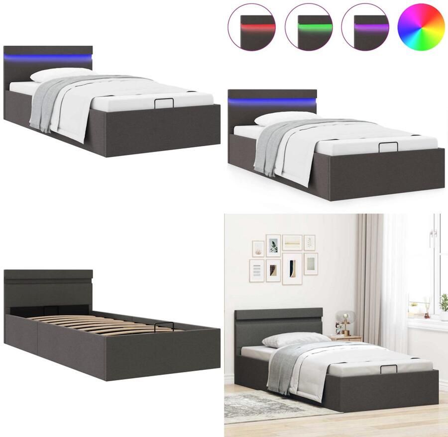 VidaXL Bedframe met opbergruimte en LED stof donkergrijs 100x200 cm Bedframe Bedframes Bed Bedden