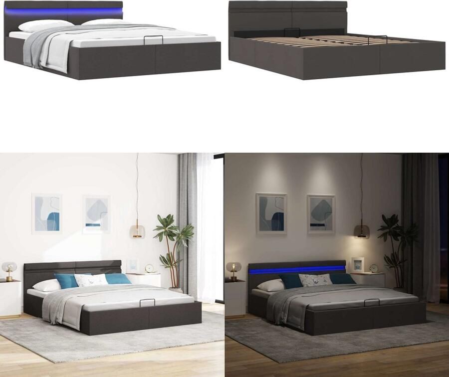 VidaXL Bedframe met opbergruimte en LED stof donkergrijs 180x200 cm Bedframe Bedframes Bed Bedden