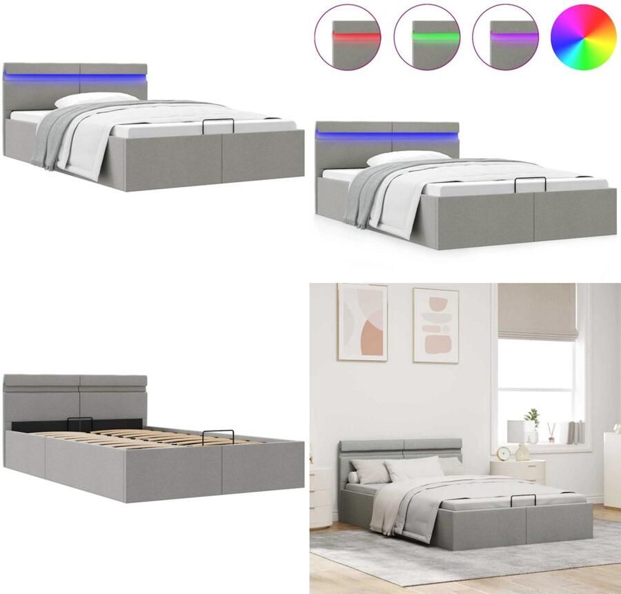 VidaXL Bedframe met opbergruimte en LED stof lichtgrijs 120x200 cm Bedframe Bedframes Bed Bedden