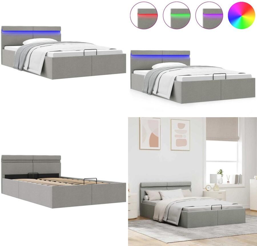 VidaXL Bedframe met opbergruimte en LED stof lichtgrijs 140x200 cm Bedframe Bedframes Bed Bedden