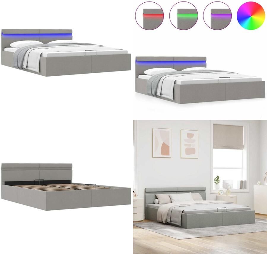 VidaXL Bedframe met opbergruimte en LED stof lichtgrijs 160x200 cm Bedframe Bedframes Bed Bedden