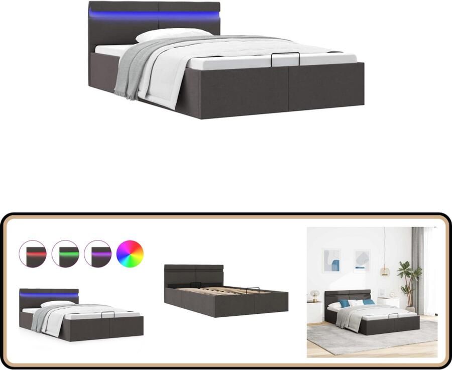 VidaXL Bedframe met opslag en LED 120x200 cm Donkergrijs Stof Bedframe Hydraulisch Bed Led Strip Bed Boxspring Bed Donkere Kleur Bed