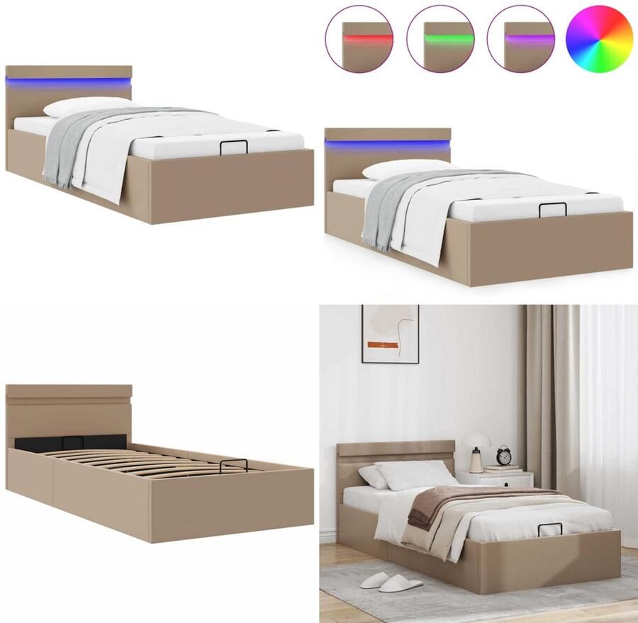 VidaXL Bedframe met opslag en LED kunstleer cappuccino 100x200 cm Bedframe Bedframes Bed Bedden