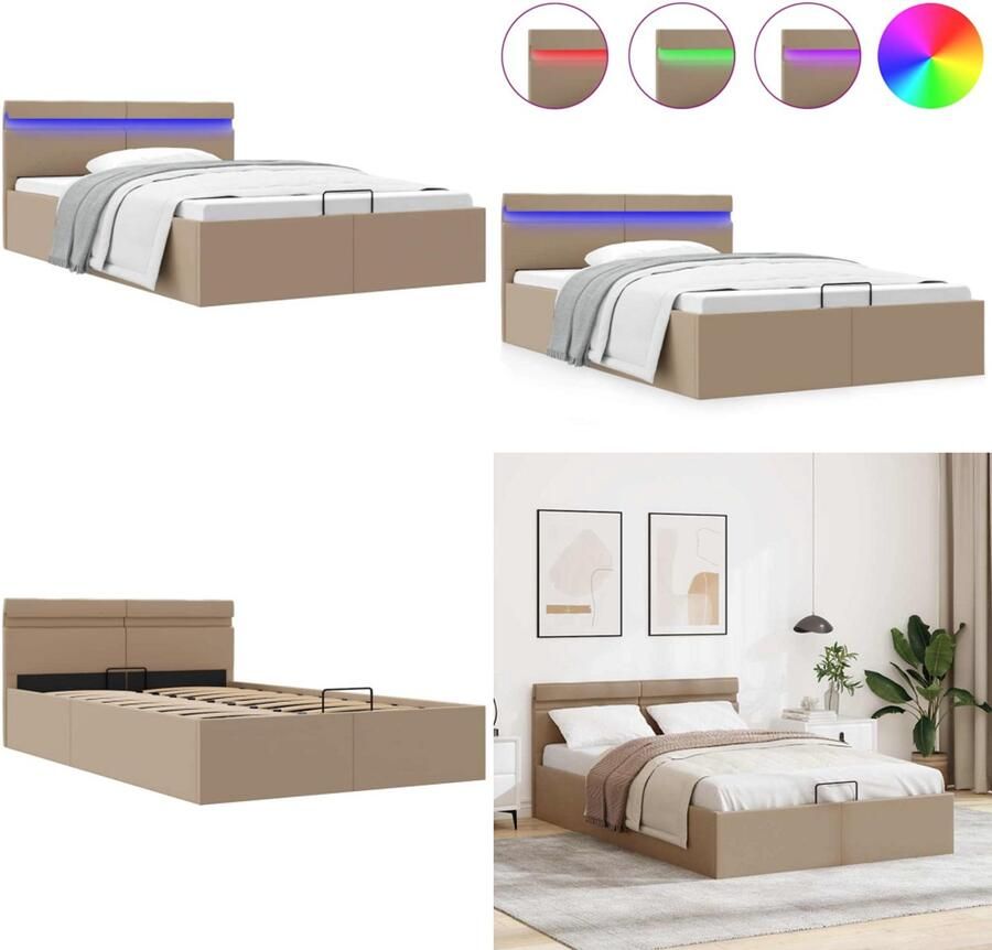 VidaXL Bedframe met opslag en LED kunstleer cappuccino 140x200 cm Bedframe Bedframes Bed Bedden