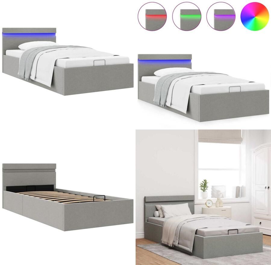 VidaXL Bedframe met opslag en LED stof lichtgrijs 100x200 cm Bedframe Bedframes Bed Bedden
