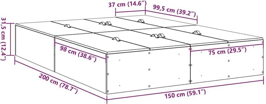 VidaXL Bedframe met opslag artisanaal eikenkleurig 200 x 150 x 31 5 cm - Foto 2