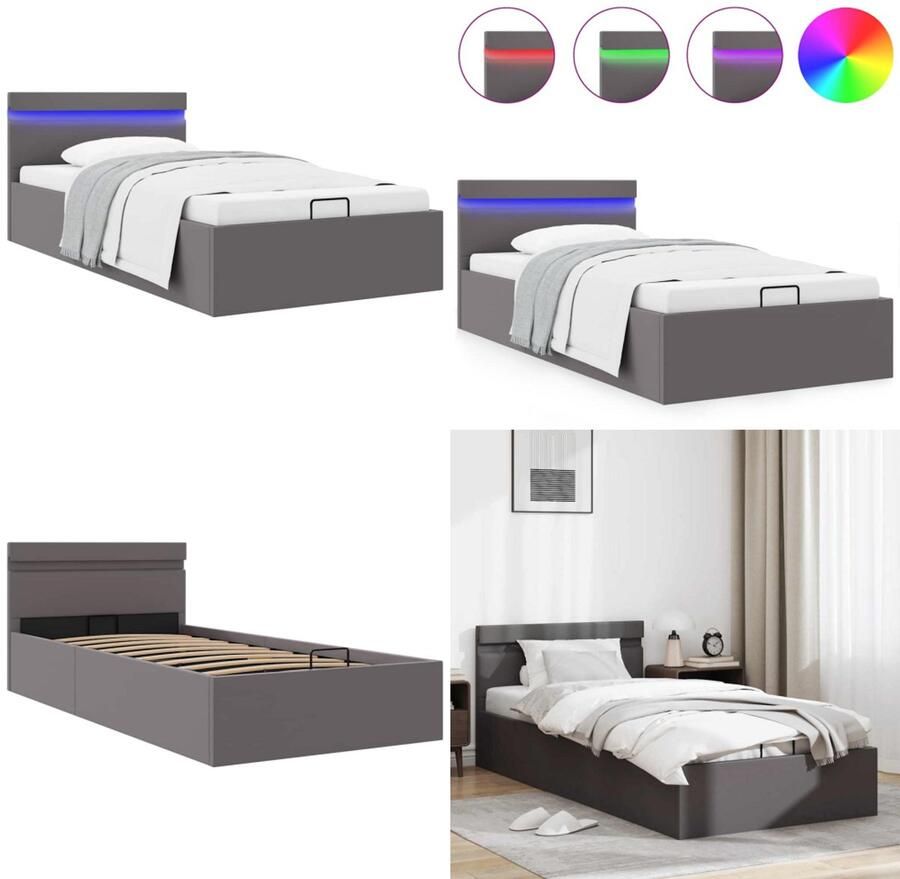 VidaXL Bedframe met opslag hydraulisch LED kunstleer grijs 100x200 cm Bedframe Bedframes Bed Bedden