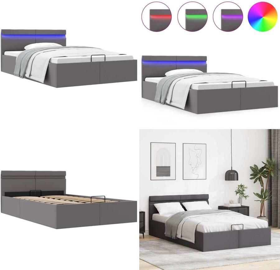 VidaXL Bedframe met opslag hydraulisch LED kunstleer grijs 120x200 cm Bedframe Bedframes Bed Bedden