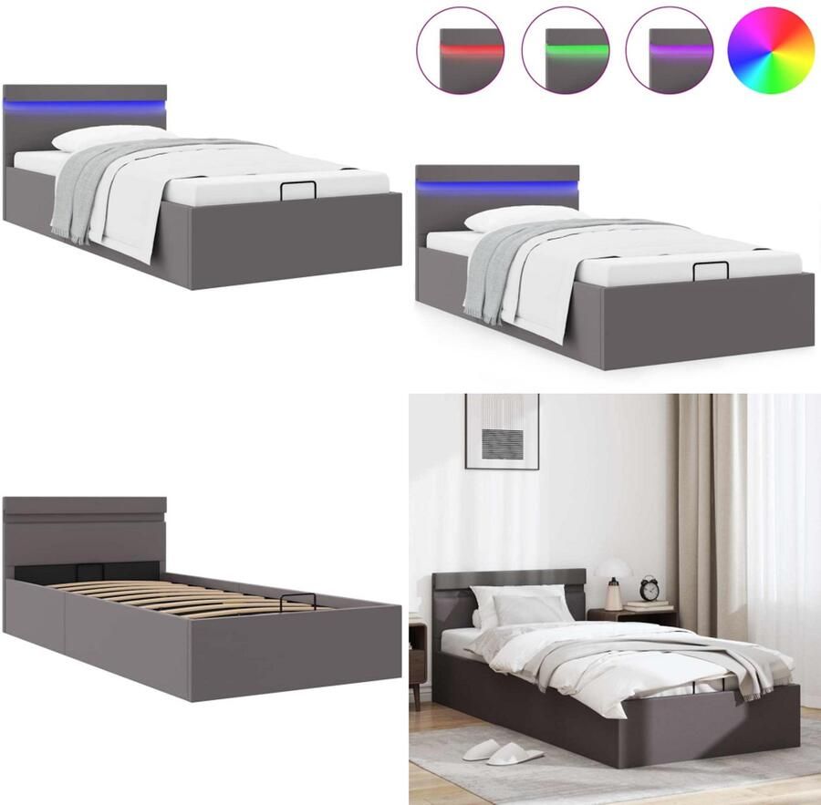 VidaXL Bedframe met opslag hydraulisch LED kunstleer grijs 90x200 cm Bedframe Bedframes Bed Bedden