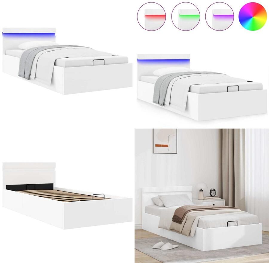 VidaXL Bedframe met opslag hydraulisch LED kunstleer wit 100x200 cm Bedframe Bedframes Bed Bedden