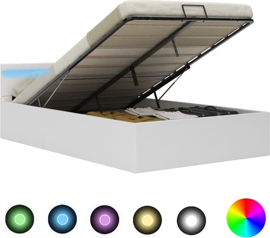 VidaXL -Bedframe-met-opslag-hydraulisch-LED-kunstleer-wit-120x200-cm