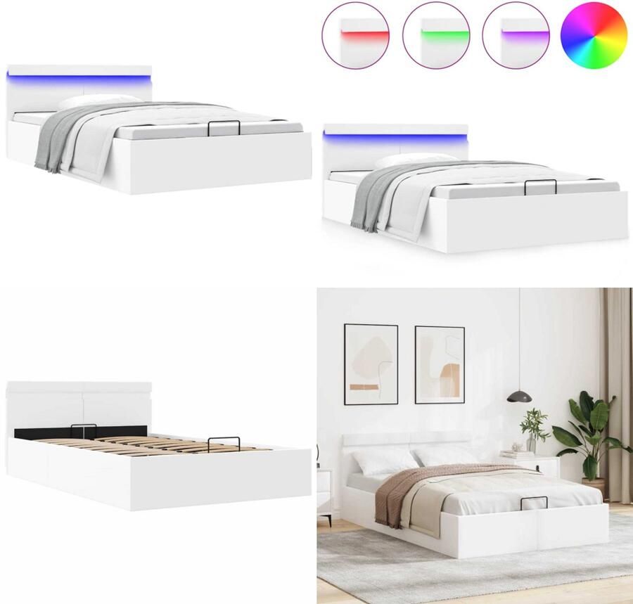 VidaXL Bedframe met opslag hydraulisch LED kunstleer wit 140x200 cm Bedframe Bedframes Bed Bedden