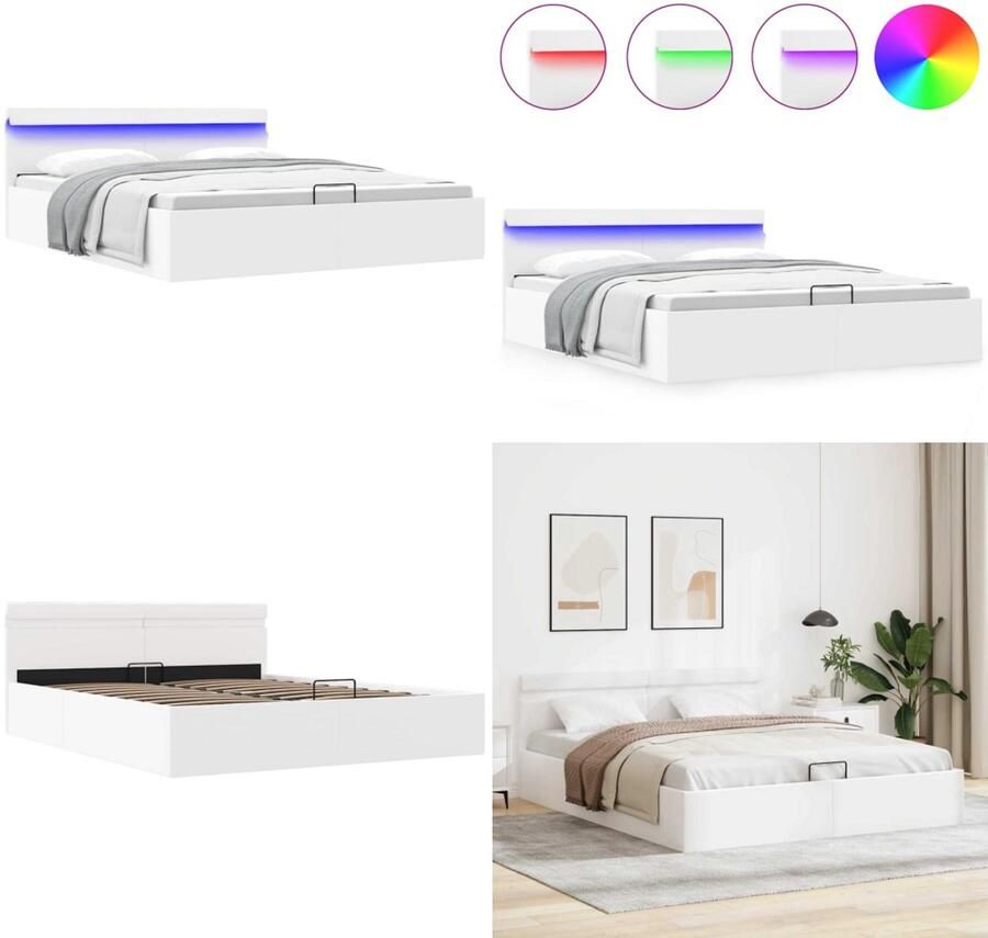 VidaXL Bedframe met opslag hydraulisch LED kunstleer wit 160x200 cm Bedframe Bedframes Bed Bedden