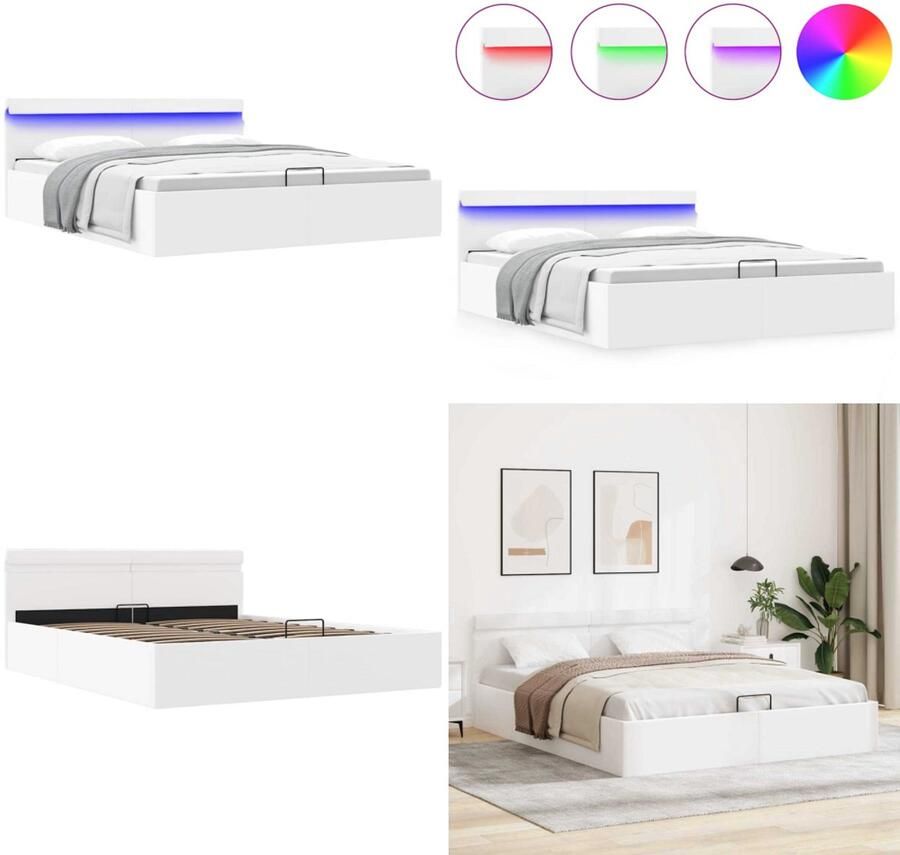 VidaXL Bedframe met opslag hydraulisch LED kunstleer wit 180x200 cm Bedframe Bedframes Bed Bedden