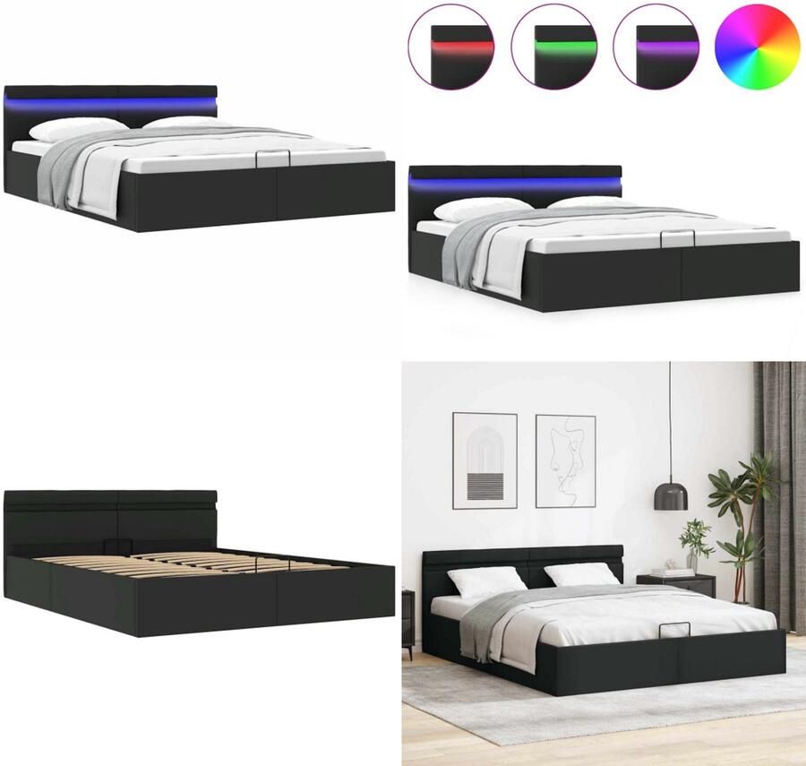 VidaXL Bedframe met opslag hydraulisch LED kunstleer zwart 160x200 cm Bedframe Bedframes Bed Bedden