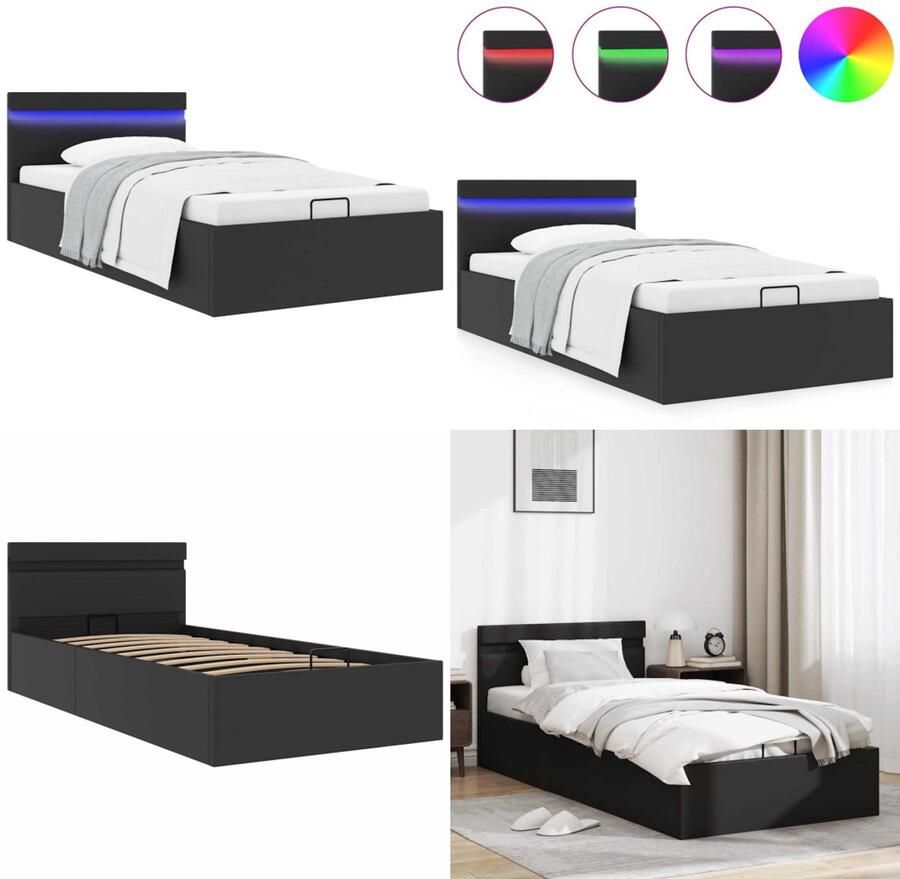 VidaXL Bedframe met opslag hydraulisch LED kunstleer zwart 90x200 cm Bedframe Bedframes Bed Bedden