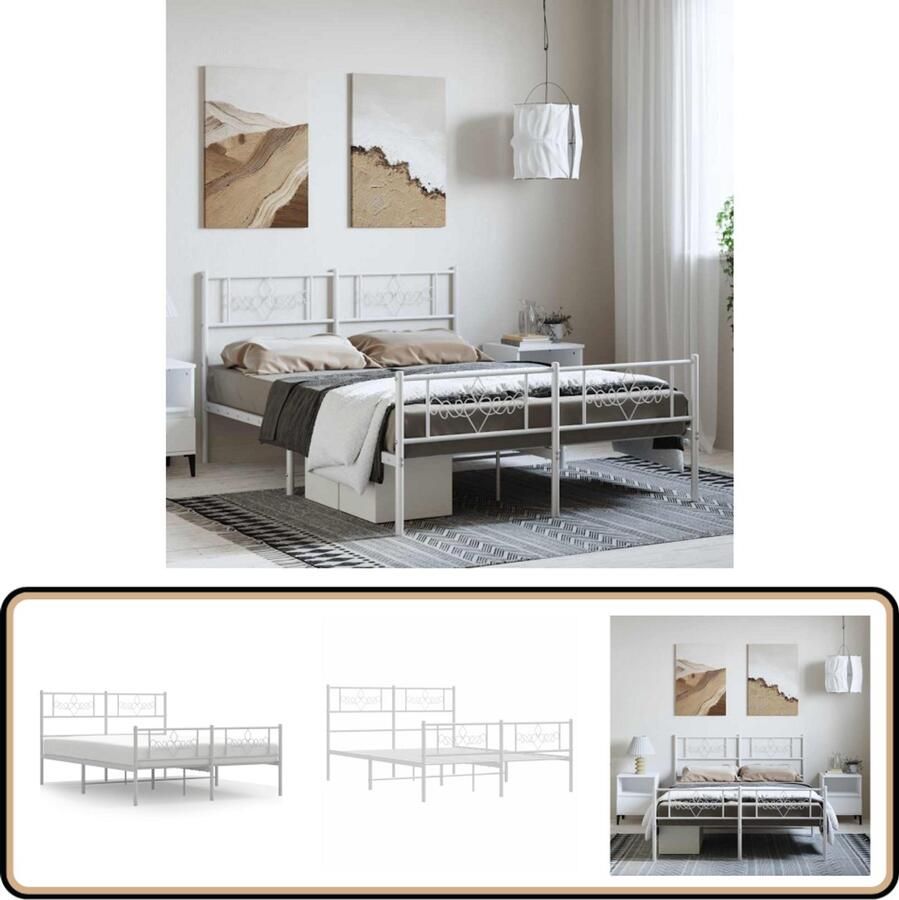 VidaXL Bedframe Metaal 135x190 cm Wit Metalen Bedframe Klassiek Bed Wit Bed Met Opbergruimte Staal Bedframe King Size Bed Tweepersoonsbed