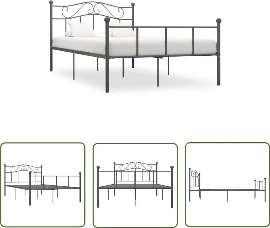 VidaXL Bedframe Metaal 140x200 cm Grijs Metalen Bed Frame Tweepersoonsbed Grijze Bedbank Slaapkamer Meubilair Boxspring Bed Hoofdbord Bedbodems