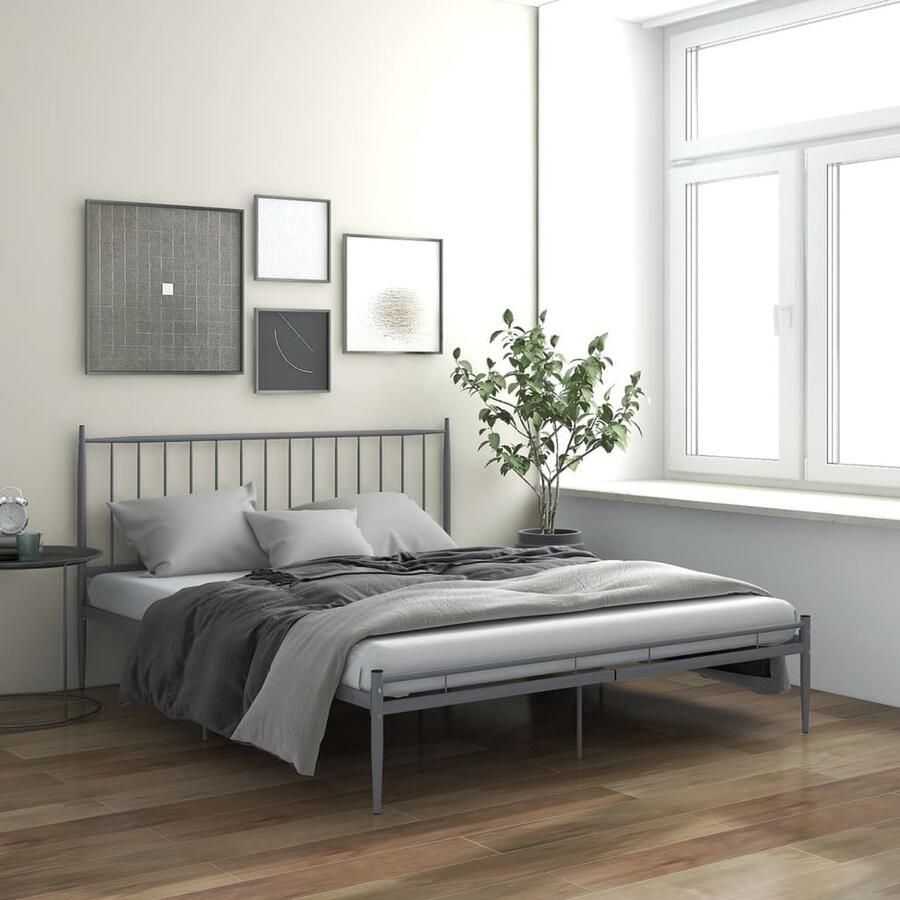 VidaXL Bedframe Metaal 200x200 cm Grijs Slaapcomfort Metal Frame Tweepersoonsbed Boxspring Bedbank Hoofdbord Design Bed Grijze Bed Stapelbare Bed - Foto 2