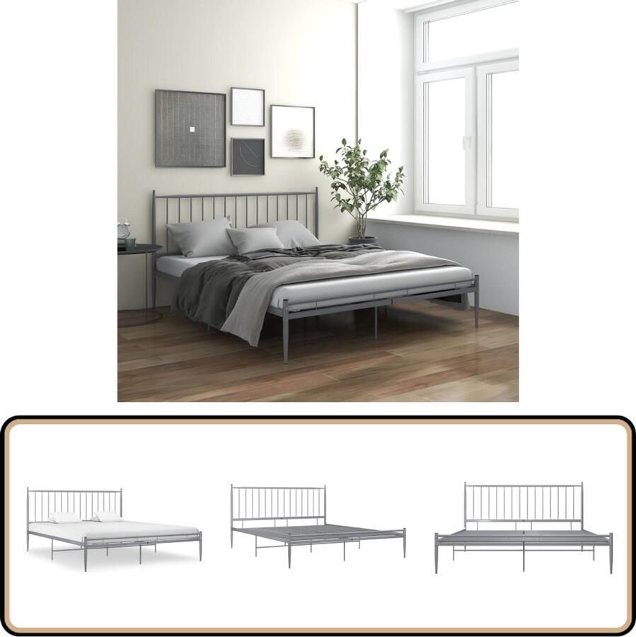 VidaXL Bedframe Metaal 200x200 cm Grijs Slaapcomfort Metal Frame Tweepersoonsbed Boxspring Bedbank Hoofdbord Design Bed Grijze Bed Stapelbare Bed
