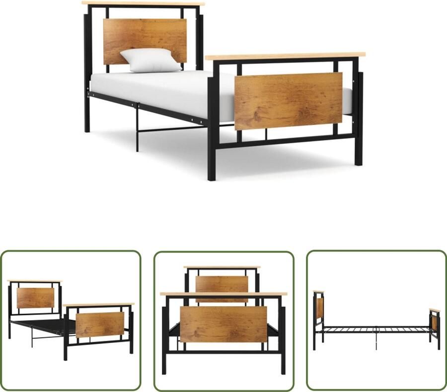 VidaXL Bedframe Zwart 90x200 cm Massief Eikenhout Metalen Bed Frame Zwarte Bedpost Enkel Bed Stapelbare Bedden Houten Bed Frame