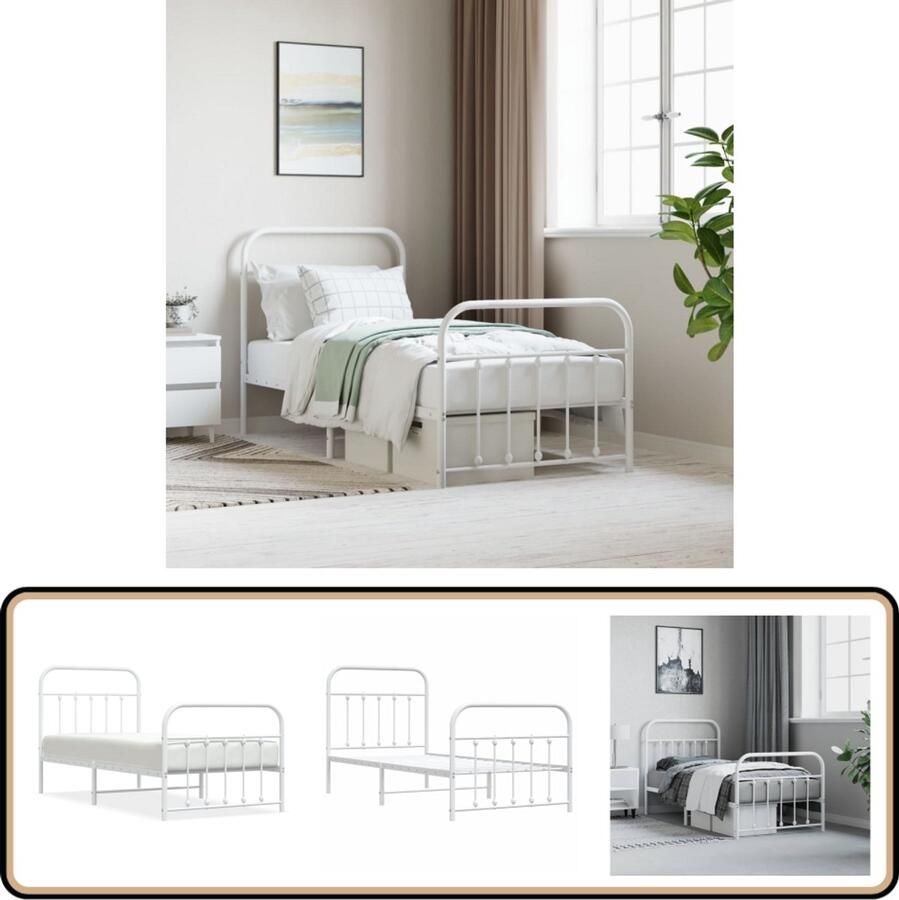 VidaXL Bedframe Metaal 90x200 cm Wit Metalen Bed Frame Klassiek Bed Wit Bed Enkel Bed Slaapcomfort