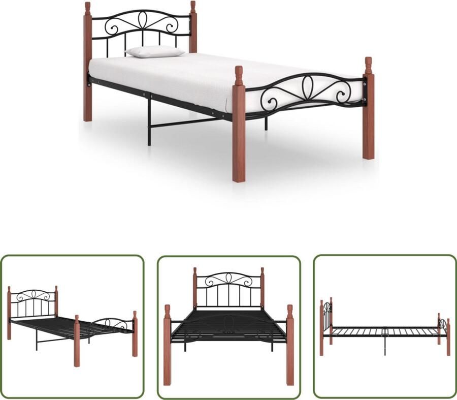 VidaXL Bedframe Metaal & Eiken 90x200 cm Zwart Metalen Bed Frame Houten Bed Frame Eikenhouten Bed Tweepersoons Bed Zwarte Bed Slaapcomfort Slaapkamersdecoratie Luxe Bed Frame Modern Bed Frame